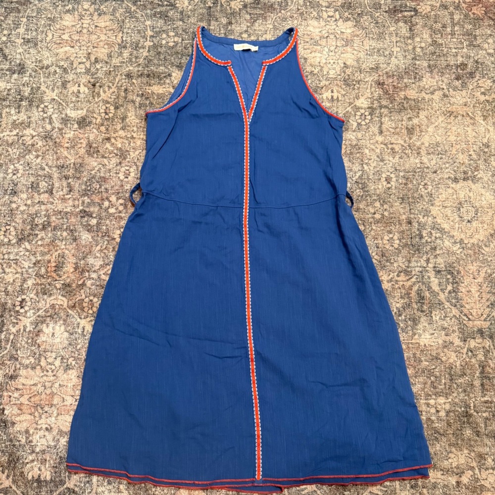Tory Burch Blue Cotton Linen Embroidered Split Neck Sleeveless Dress Size 14